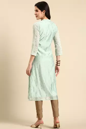 women's calf length mandarin collar sea green embellished straight kurta