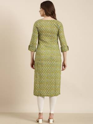women's calf length round neck green floral straight kurta 4