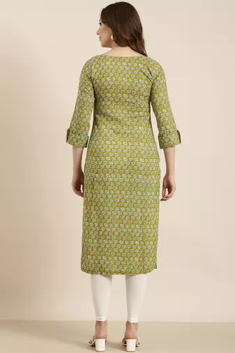 women's calf length round neck green floral straight kurta