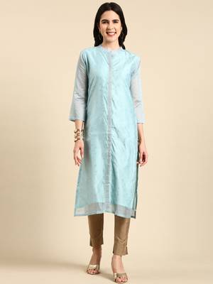 women's calf length mandarin collar blue embellished straight kurta 1