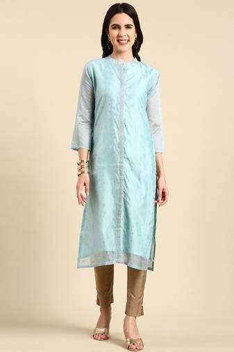 women's calf length mandarin collar blue embellished straight kurta