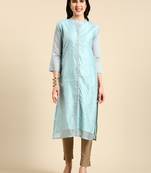 women's calf length mandarin collar blue embellished straight kurta