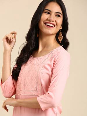 Showoff women's calf length round neck peach solid straight kurta 1