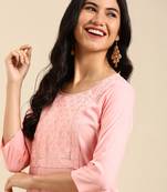 Showoff women's calf length round neck peach solid straight kurta