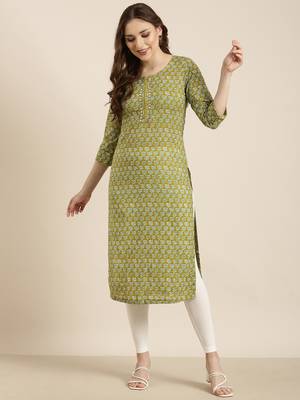 women's calf length round neck green floral straight kurta 5