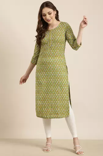 women's calf length round neck green floral straight kurta