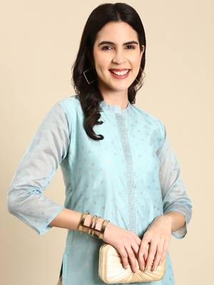 women's calf length mandarin collar blue embellished straight kurta 2