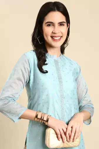 women's calf length mandarin collar blue embellished straight kurta