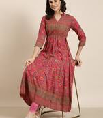 Showoff women's calf length mandarin collar pink floral anarkali kurta