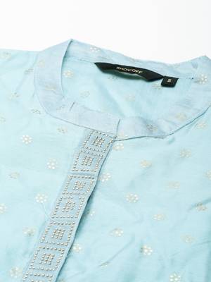 women's calf length mandarin collar blue embellished straight kurta 3
