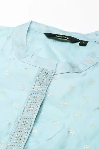 women's calf length mandarin collar blue embellished straight kurta