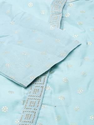 women's calf length mandarin collar blue embellished straight kurta 4