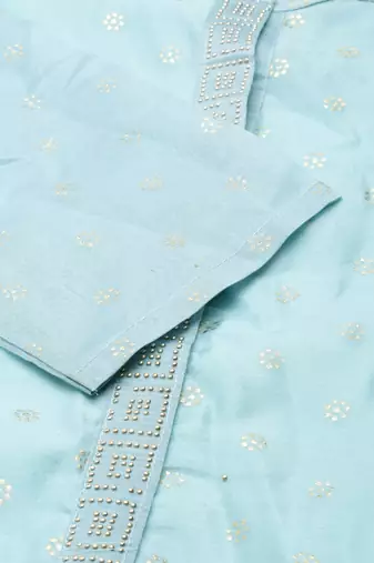 women's calf length mandarin collar blue embellished straight kurta