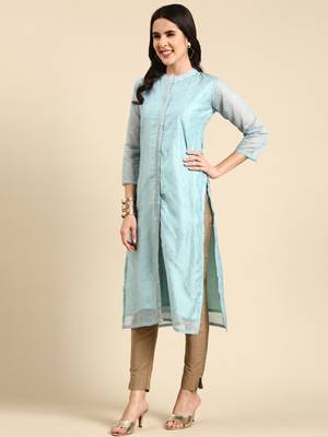 women's calf length mandarin collar blue embellished straight kurta 5