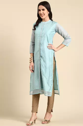 women's calf length mandarin collar blue embellished straight kurta