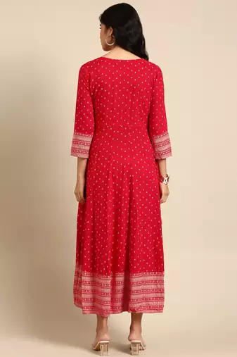 Showoff women's ankle length round neck magenta ethnic motifs straight kurta