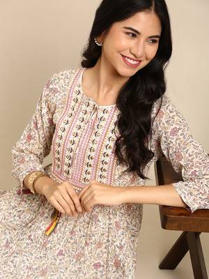 Showoff women's ankle length round neck cream ethnic motifs anarkali kurta 2