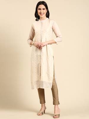 women's calf length mandarin collar cream embellished straight kurta 1
