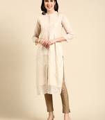 women's calf length mandarin collar cream embellished straight kurta