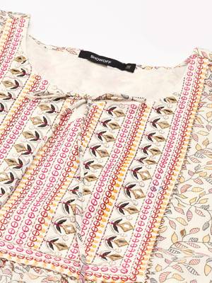 Showoff women's ankle length round neck cream ethnic motifs anarkali kurta 3
