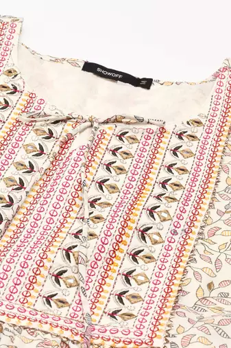 Showoff women's ankle length round neck cream ethnic motifs anarkali kurta