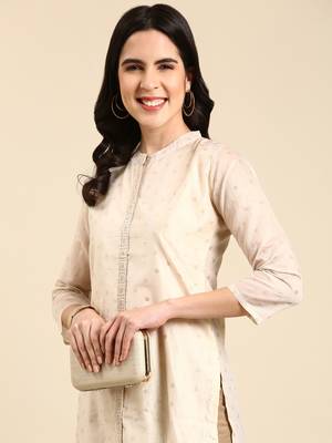women's calf length mandarin collar cream embellished straight kurta 2