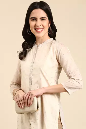 women's calf length mandarin collar cream embellished straight kurta