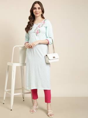 women's calf length round neck turquoise blue chevron straight kurta 1