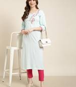 women's calf length round neck turquoise blue chevron straight kurta