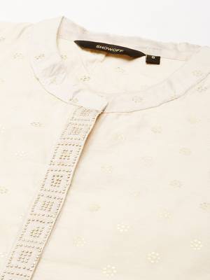 women's calf length mandarin collar cream embellished straight kurta 3