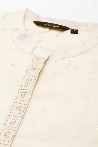 women's calf length mandarin collar cream embellished straight kurta