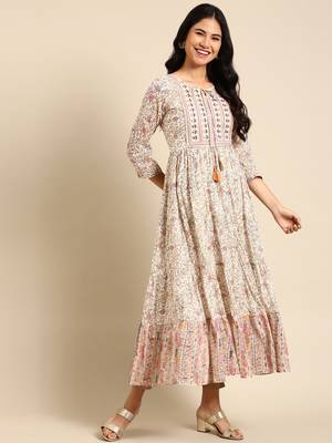 Showoff women's ankle length round neck cream ethnic motifs anarkali kurta 1