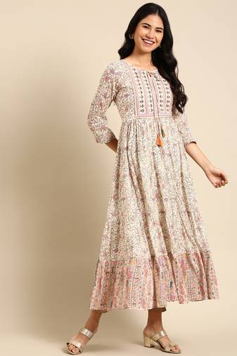 Showoff women's ankle length round neck cream ethnic motifs anarkali kurta