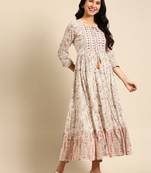 Showoff women's ankle length round neck cream ethnic motifs anarkali kurta