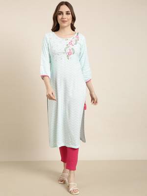 women's calf length round neck turquoise blue chevron straight kurta 2