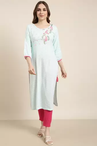 women's calf length round neck turquoise blue chevron straight kurta