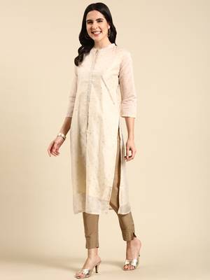 women's calf length mandarin collar cream embellished straight kurta 4