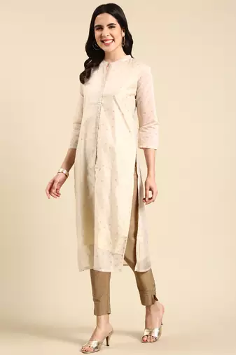 women's calf length mandarin collar cream embellished straight kurta