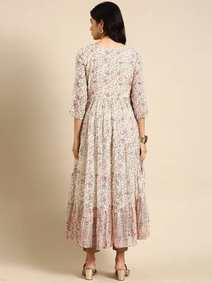 Showoff women's ankle length round neck cream ethnic motifs anarkali kurta 5