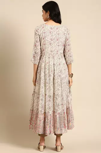 Showoff women's ankle length round neck cream ethnic motifs anarkali kurta