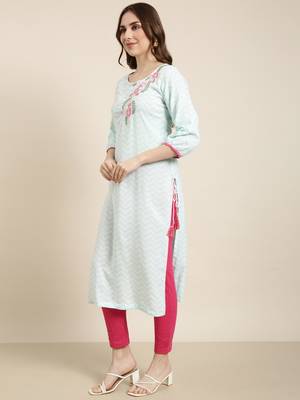 women's calf length round neck turquoise blue chevron straight kurta 3
