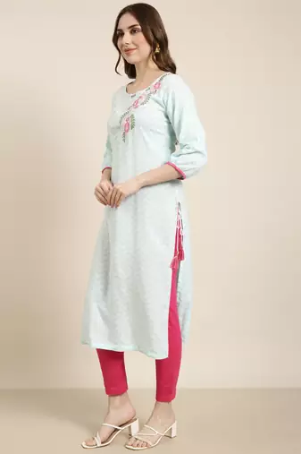 women's calf length round neck turquoise blue chevron straight kurta