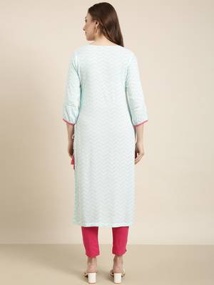 women's calf length round neck turquoise blue chevron straight kurta 4