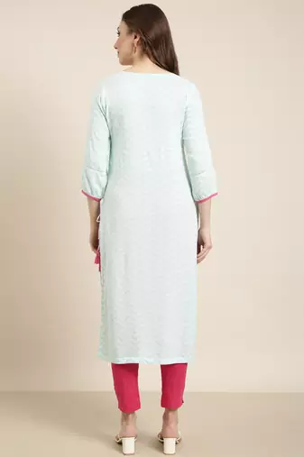 women's calf length round neck turquoise blue chevron straight kurta