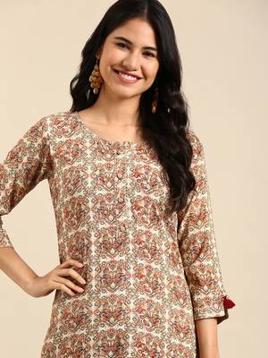 women's calf length round neck cream ethnic motifs straight kurta 2