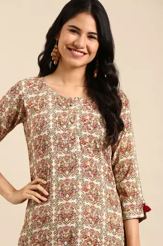 women's calf length round neck cream ethnic motifs straight kurta