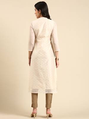 women's calf length mandarin collar cream embellished straight kurta 5