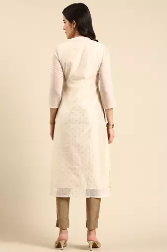 women's calf length mandarin collar cream embellished straight kurta
