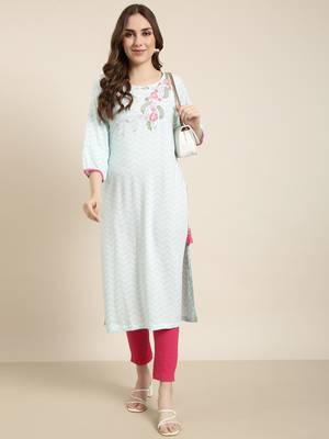 women's calf length round neck turquoise blue chevron straight kurta 5