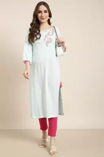 women's calf length round neck turquoise blue chevron straight kurta